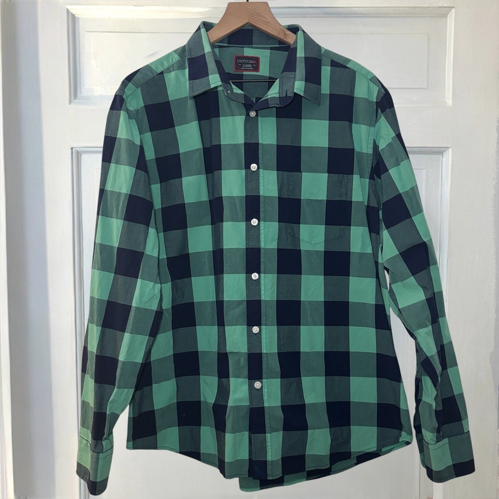 UNTUCKit Buffalo Plaid Green Navy Check Mens XL Long Sleeve Button Up Shirt - Picture 3 of 5